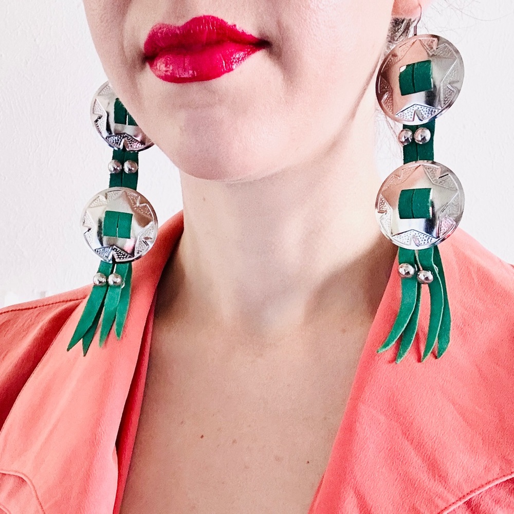 Handcrafted Turquoise Large Genuine Leather Western Silver Concho Earrings